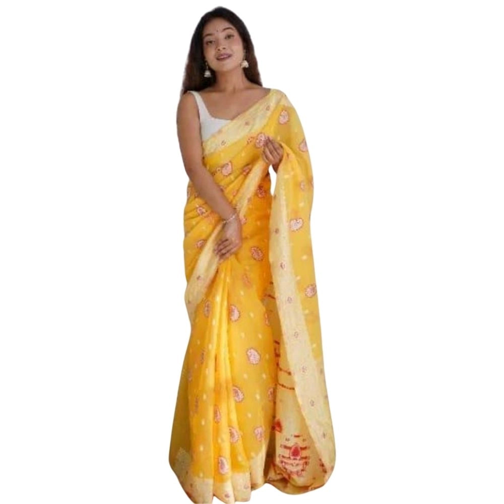 Women's Cotton Printed Saree With Unstitched Blouse 5.5Mtr (Yellow) - VANSHELLE