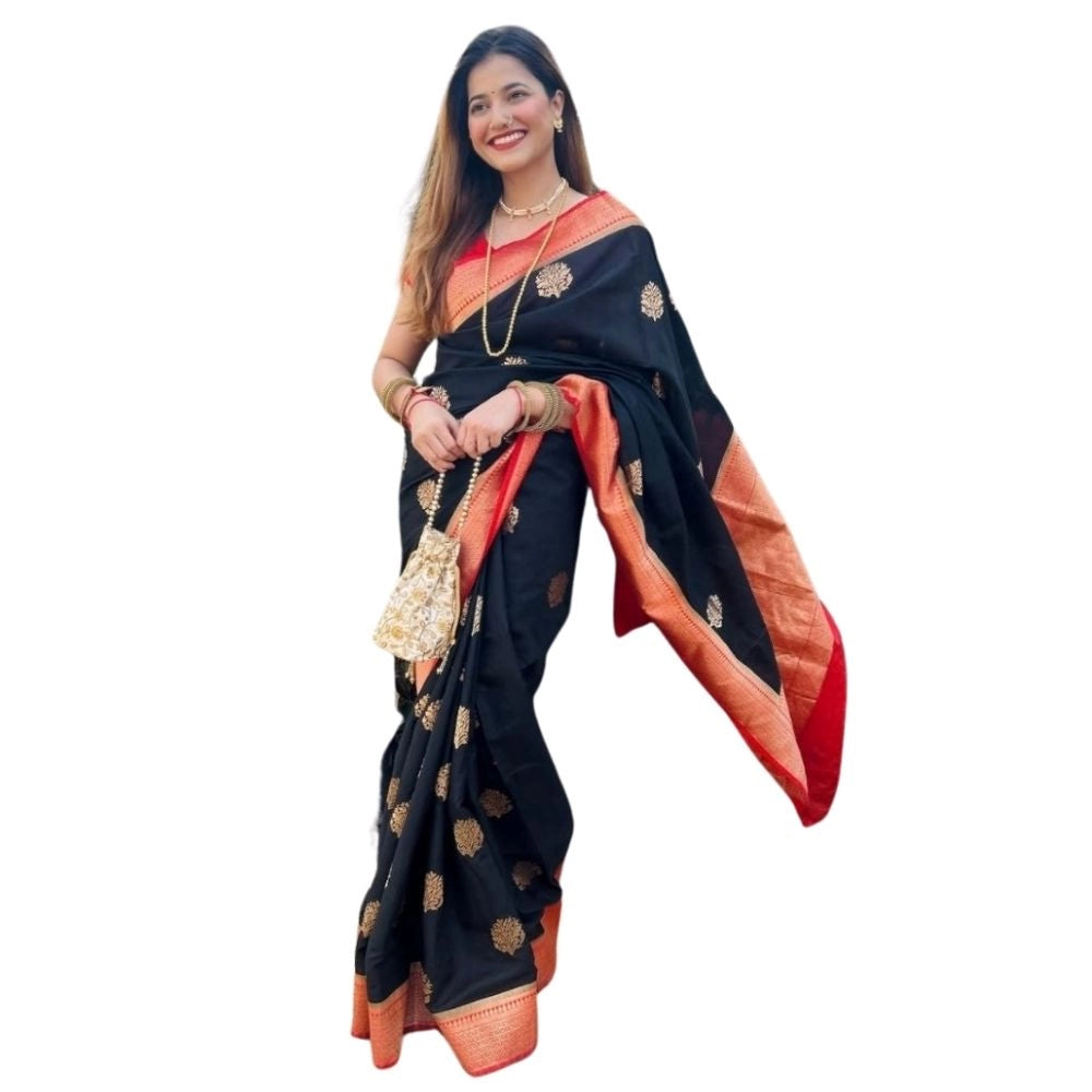 Women'S Silk Printed Saree With Unstitched Blouse 5.5Mtr (Blac