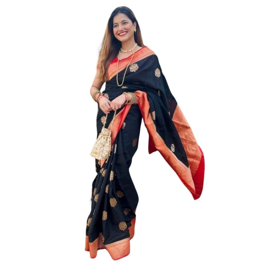 Women'S Silk Printed Saree With Unstitched Blouse 5.5Mtr (Blac