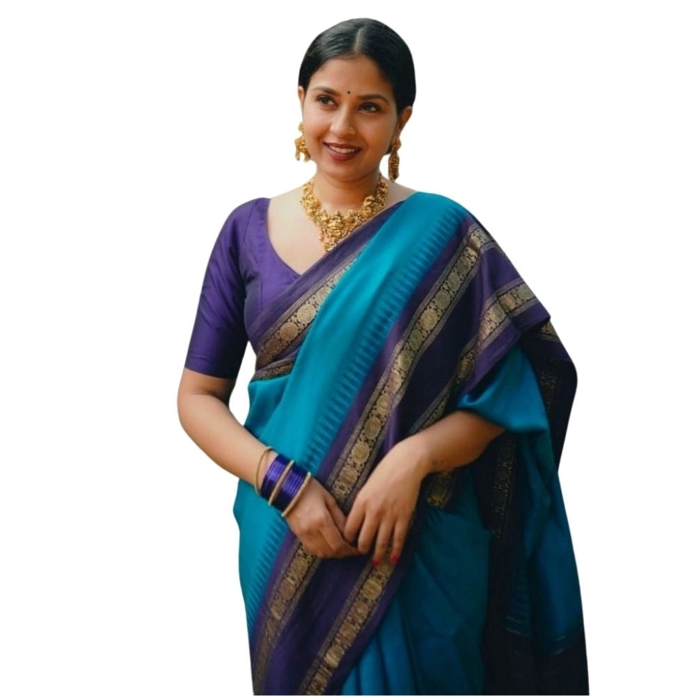 Women's Silk Printed Saree With Unstitched Blouse 5.5Mtr (Blue) - VANSHELLE