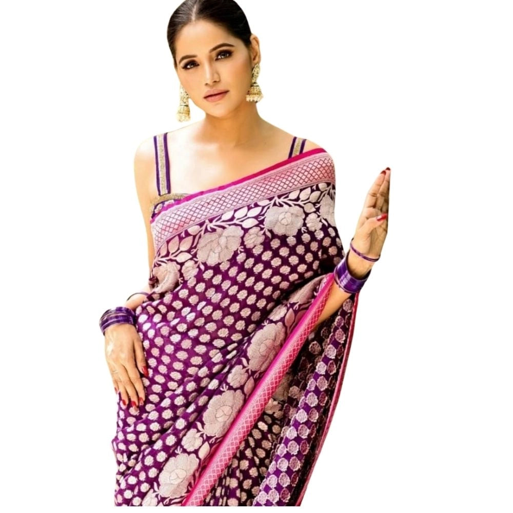 Women'S Silk Printed Saree With Unstitched Blouse 5.5Mtr (Purp