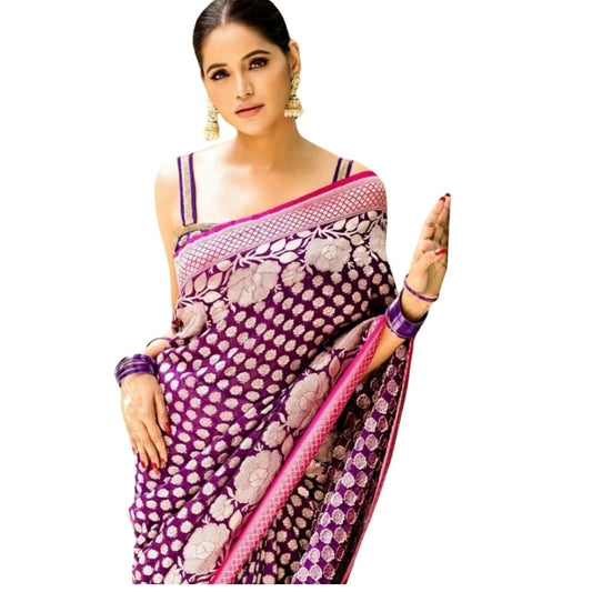 Women'S Silk Printed Saree With Unstitched Blouse 5.5Mtr (Purp