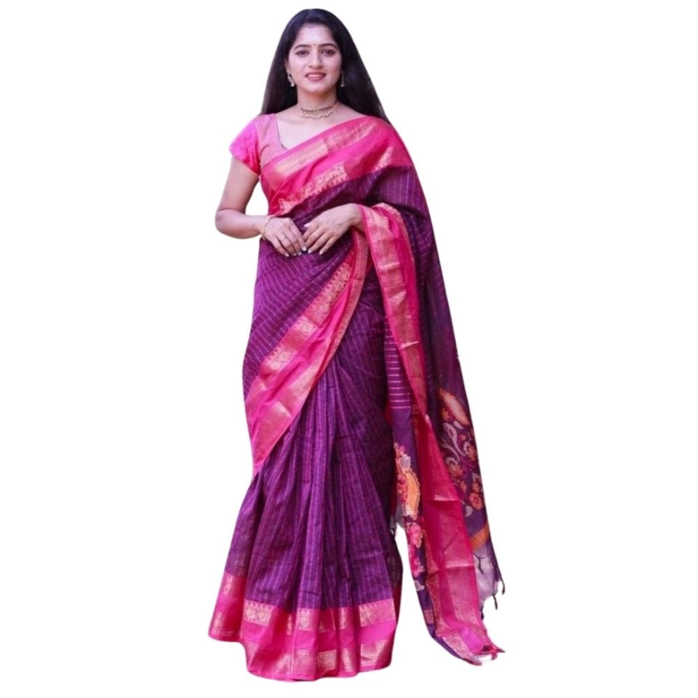 Women's Silk Printed Saree With Unstitched Blouse 5.5Mtr (Purple) - VANSHELLE