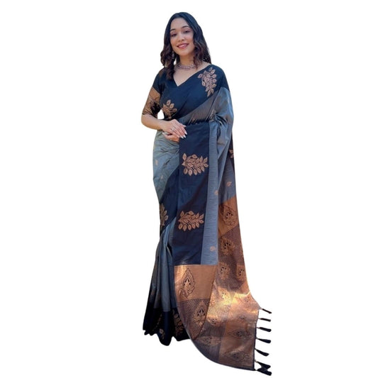 Women's Silk Printed Saree With Unstitched Blouse 5.5Mtr (Grey) - VANSHELLE
