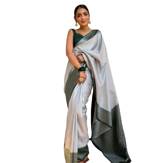 Women's Silk Printed Saree With Unstitched Blouse 5.5Mtr (Grey) - VANSHELLE