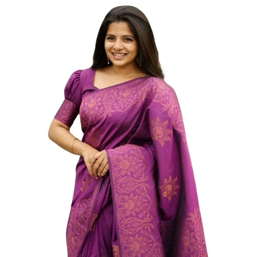 Women's Silk Printed Saree With Unstitched Blouse 5.5Mtr (Purple) - VANSHELLE