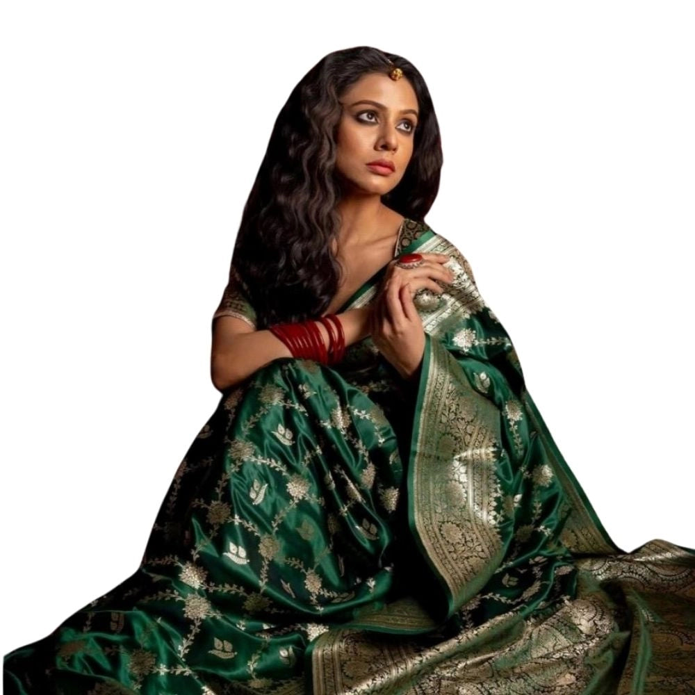 Women's Silk Printed Saree With Unstitched Blouse 5.5Mtr (Dark Green) - VANSHELLE