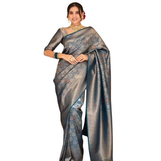 Women's Silk Printed Saree With Unstitched Blouse 5.5Mtr (Rama) - VANSHELLE