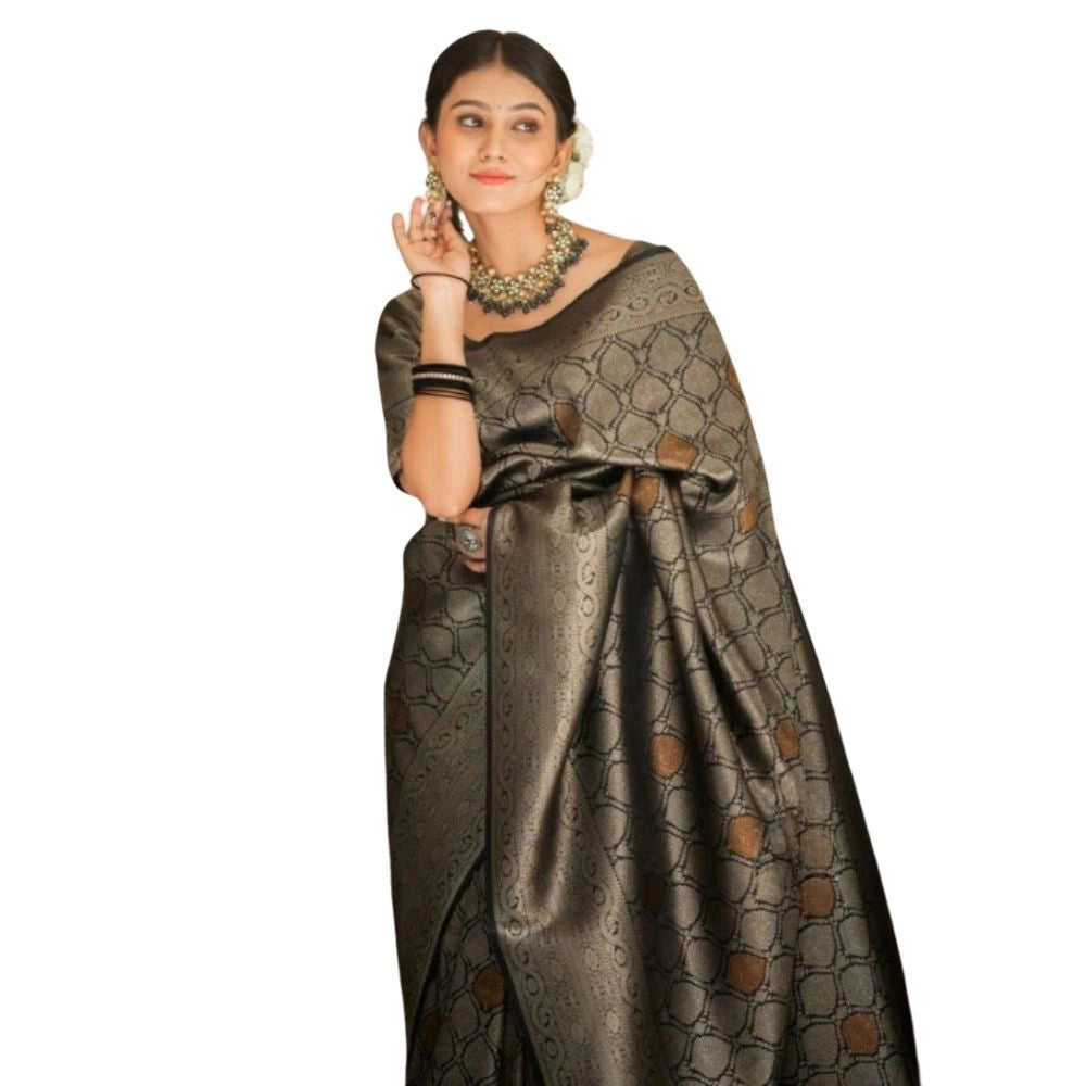 Women's Silk Printed Saree With Unstitched Blouse 5.5Mtr (Black) - VANSHELLE