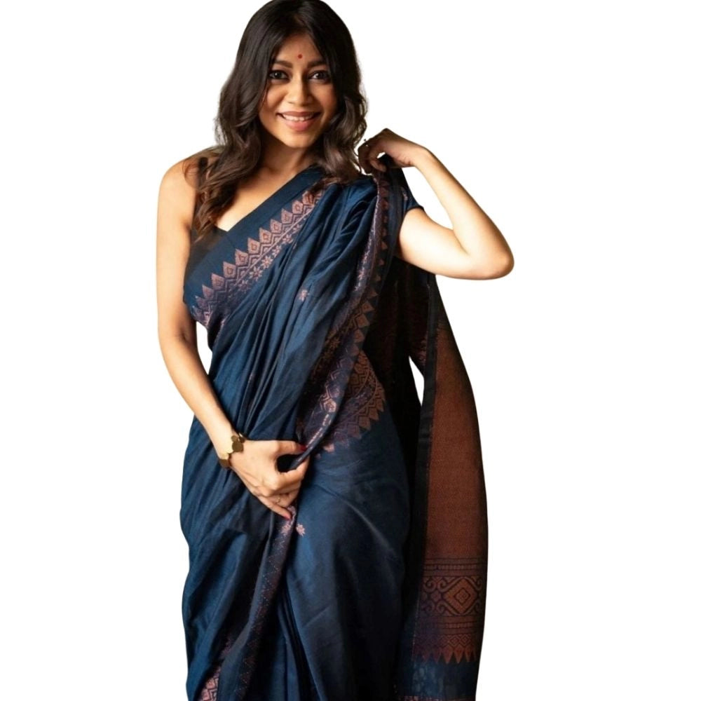 Women's Silk Printed Saree With Unstitched Blouse 5.5Mtr (Navy Blue) - VANSHELLE