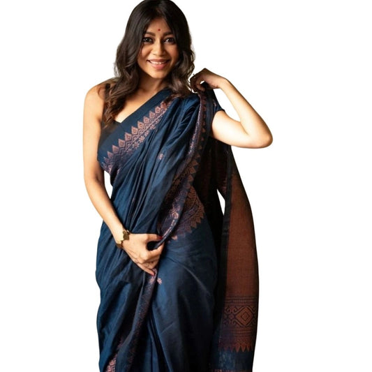 Women's Silk Printed Saree With Unstitched Blouse 5.5Mtr (Navy Blue) - VANSHELLE