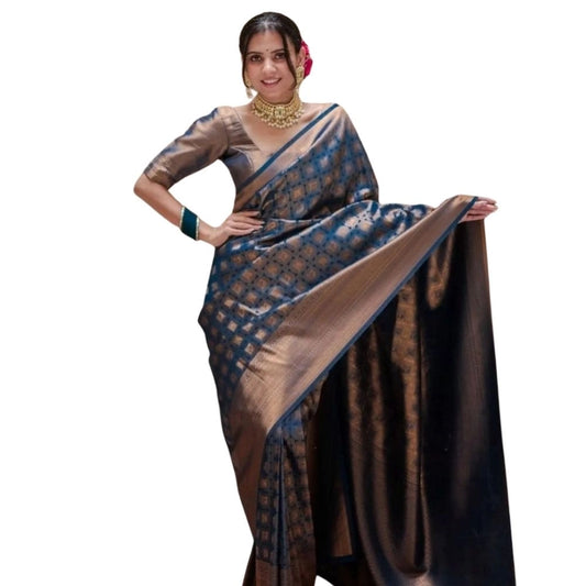Women's Silk Printed Saree With Unstitched Blouse 5.5Mtr (Blue) - VANSHELLE