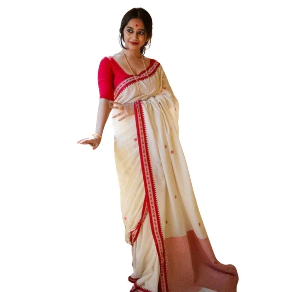 Women's Cotton Printed Saree With Unstitched Blouse 5.5Mtr (White) - VANSHELLE