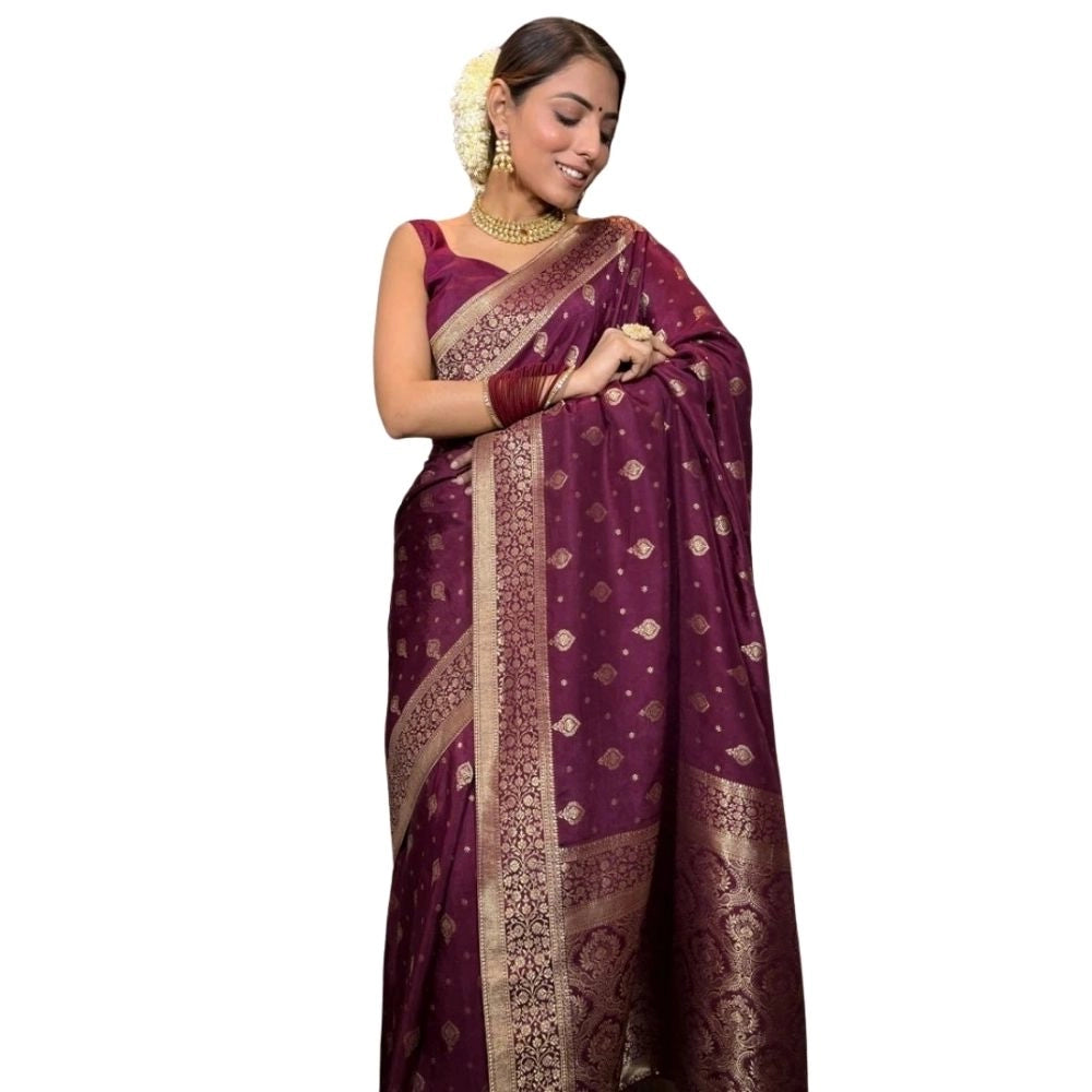 Women's Silk Printed Saree With Unstitched Blouse 5.5Mtr (Wine) - VANSHELLE