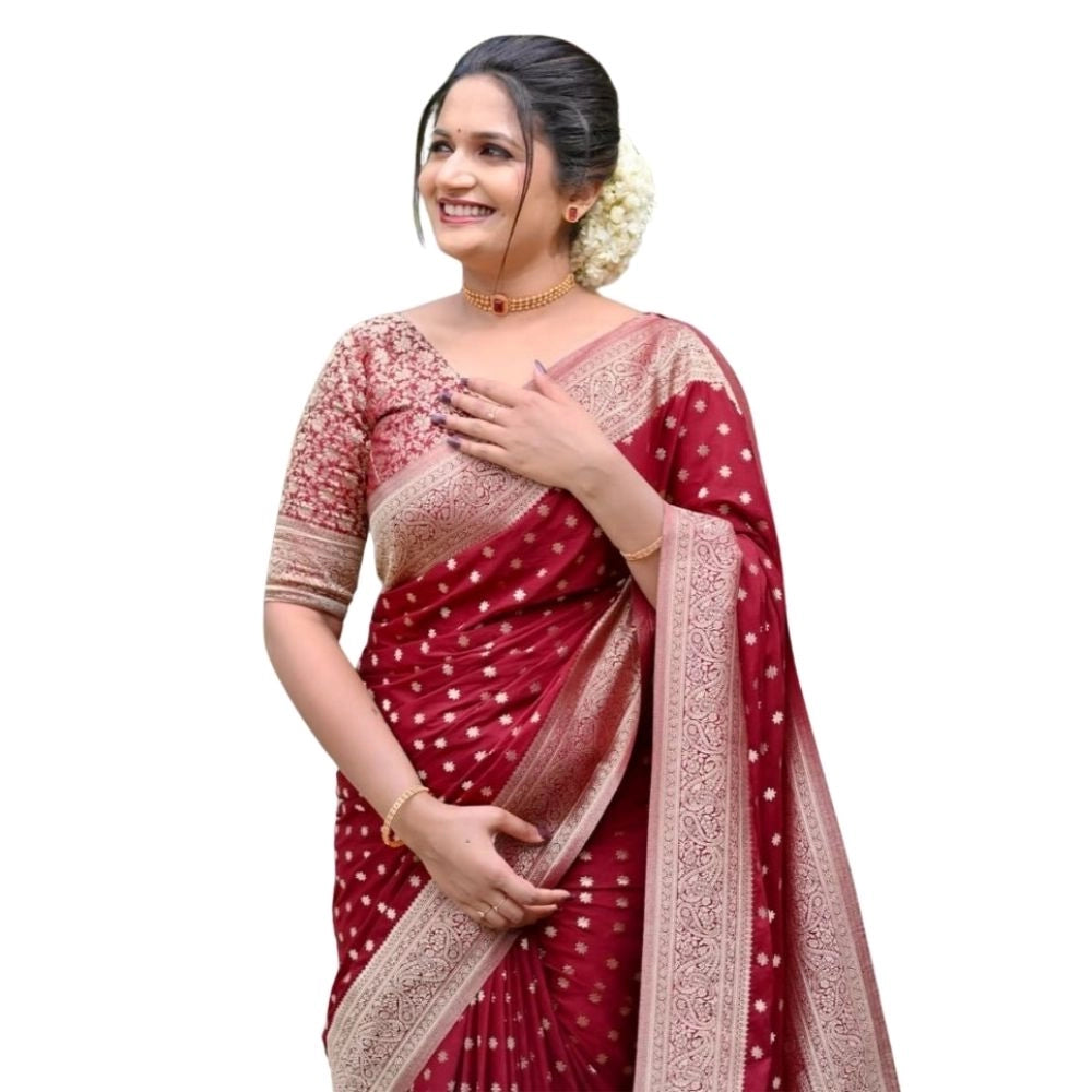Women's Silk Printed Saree With Unstitched Blouse 5.5Mtr (Maroon) - VANSHELLE