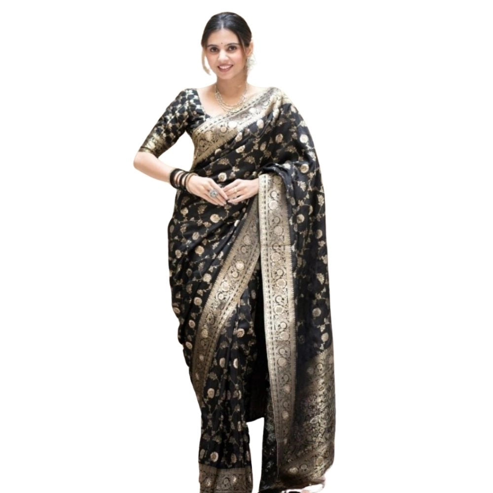 Women's Silk Printed Saree With Unstitched Blouse 5.5Mtr (Black) - VANSHELLE