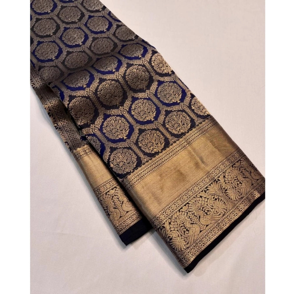 Women's Silk Printed Saree With Unstitched Blouse 5.5Mtr (Navy Blue) - VANSHELLE