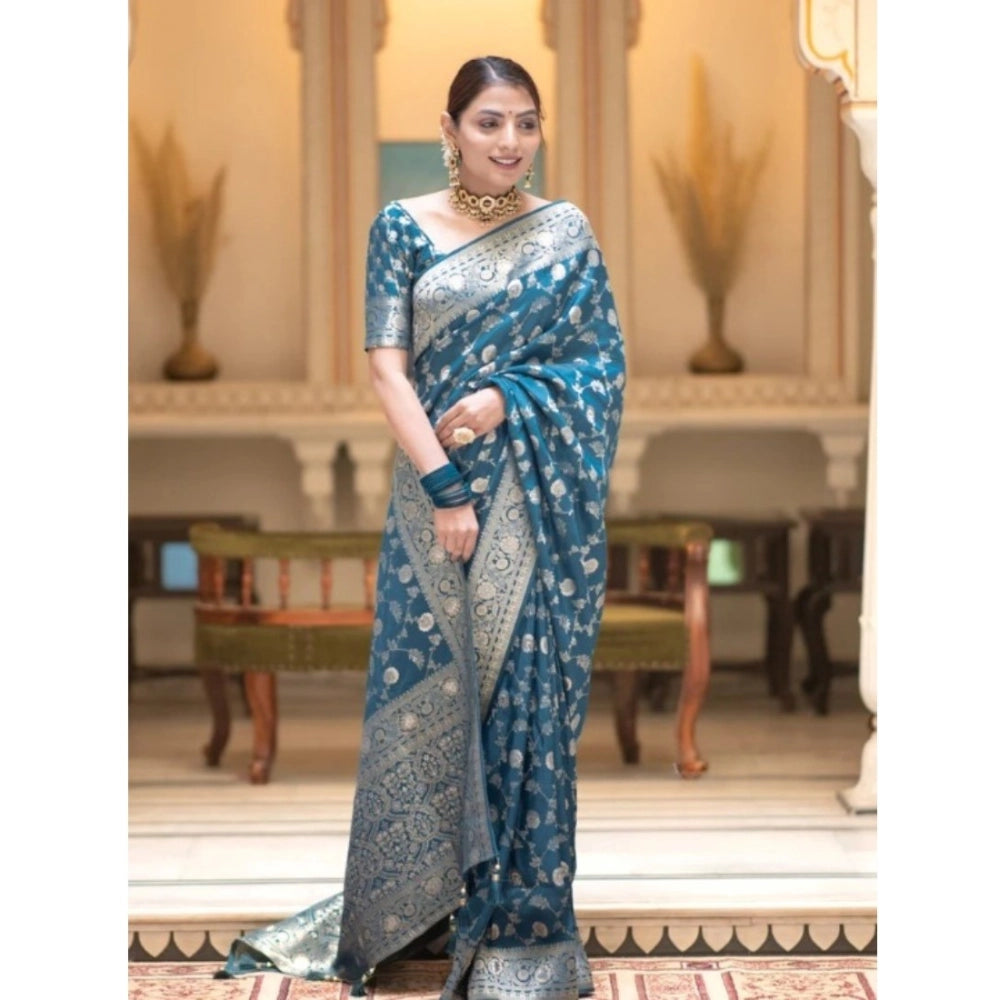 Women's Silk Printed Saree With Unstitched Blouse 5.5Mtr (Rama) - VANSHELLE