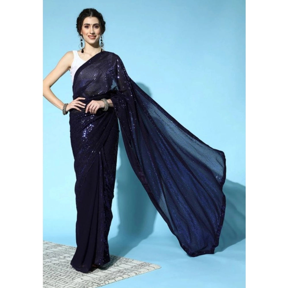 Women's Georgette Embellished Sequnece Bollywood Saree With Unstitched Blouse 5.5Mtr (Blue) - VANSHELLE
