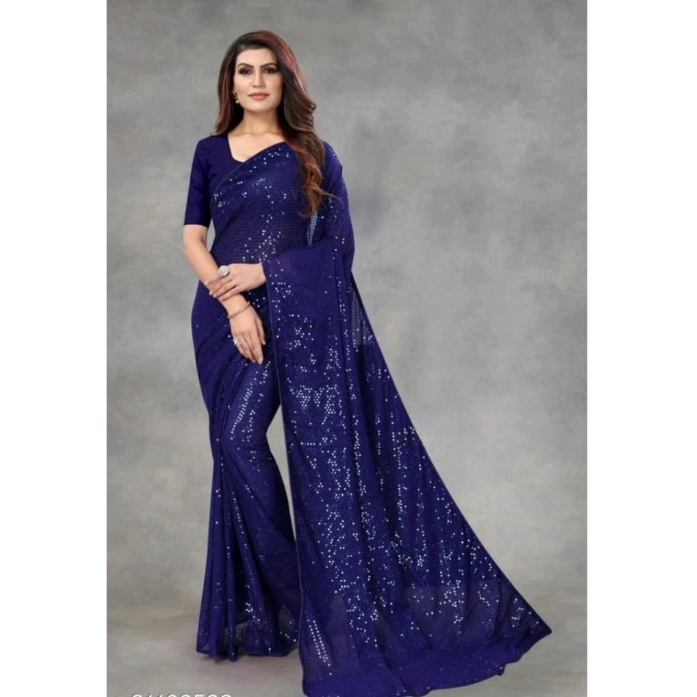 Women's Georgette Embellished Sequnece Bollywood Saree With Unstitched Blouse 5.5Mtr (Blue) - VANSHELLE