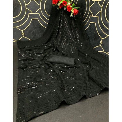 Women's Georgette Embellished Sequnece Bollywood Saree With Unstitched Blouse 5.5Mtr (Black)
