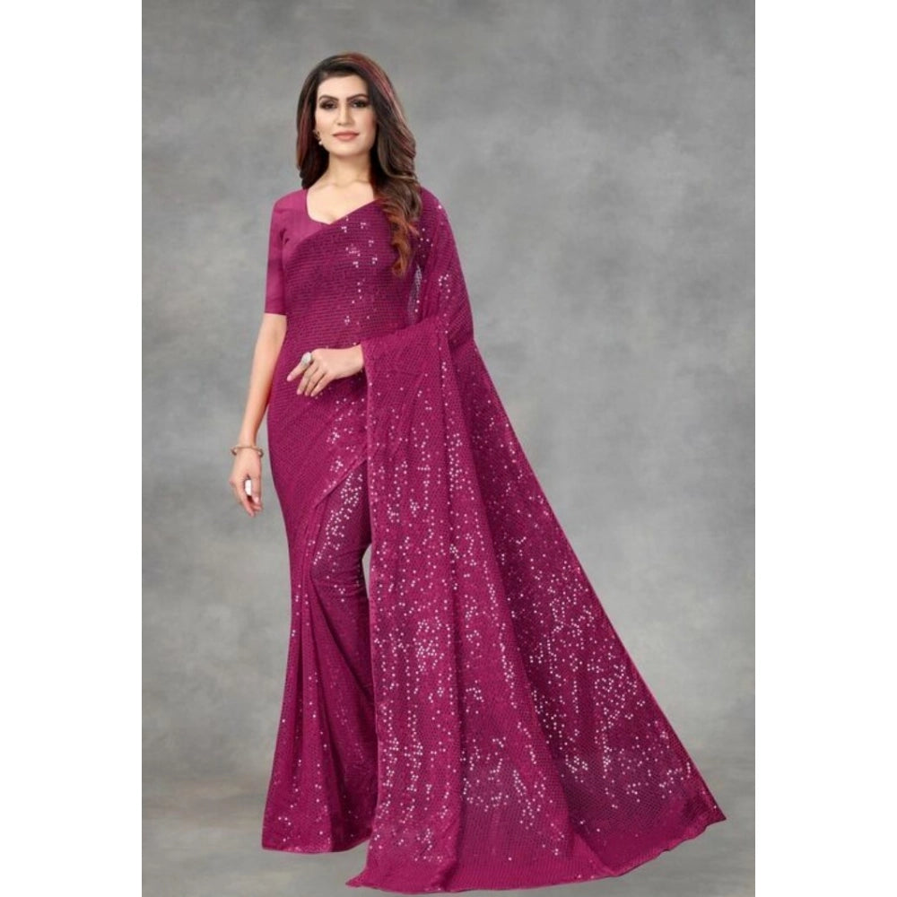 Women's Georgette Embellished Sequnece Bollywood Saree With Unstitched Blouse 5.5Mtr (Purple) - VANSHELLE