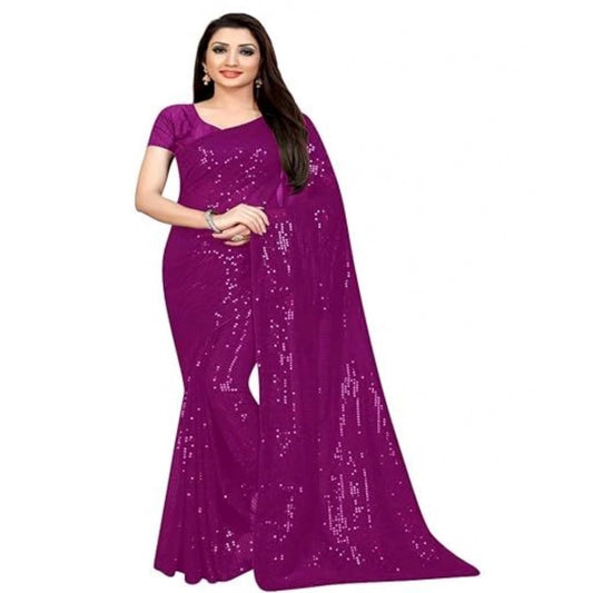 Women's Georgette Embellished Sequnece Bollywood Saree With Unstitched Blouse 5.5Mtr (Purple) - VANSHELLE