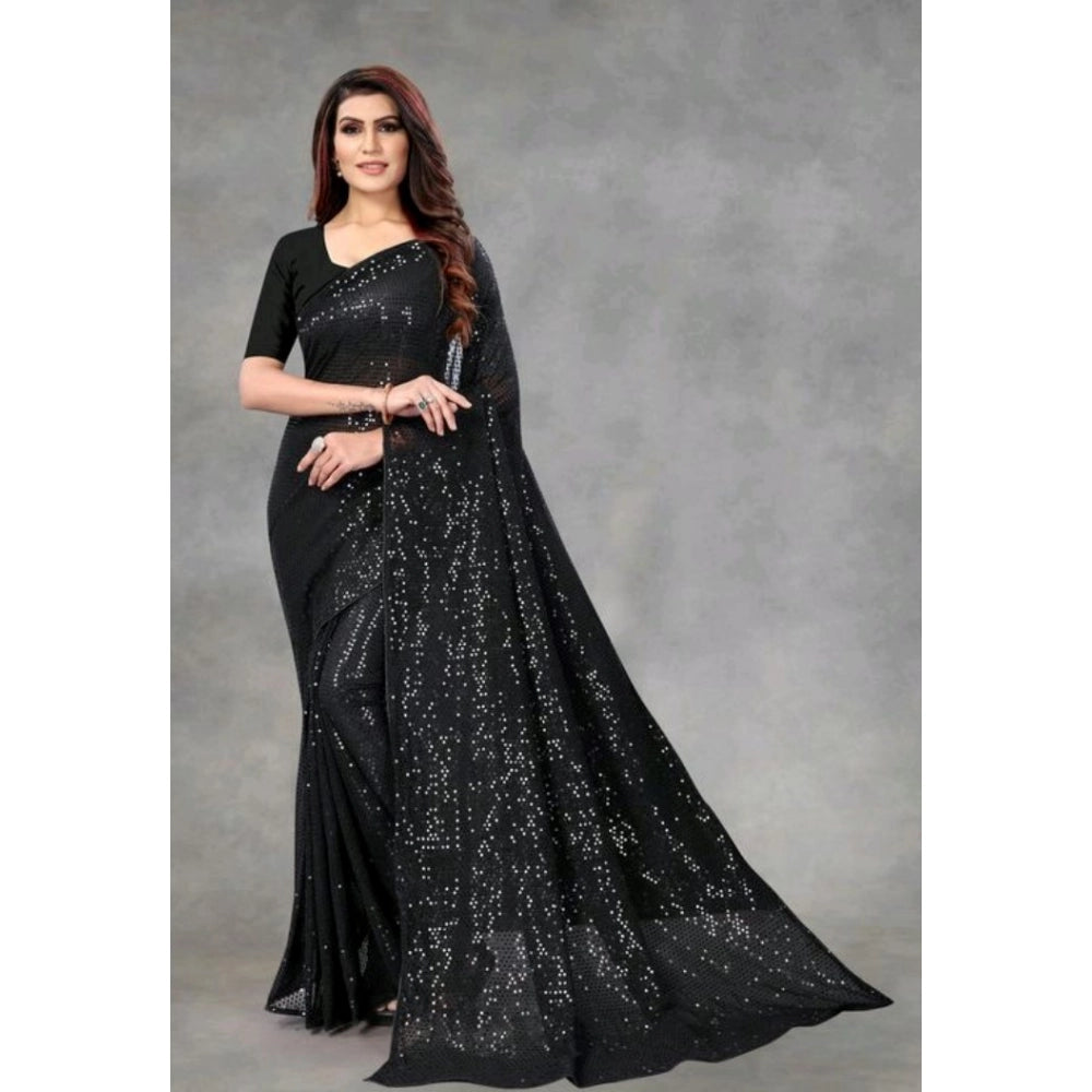 Women's Georgette Embellished Sequnece Bollywood Saree With Unstitched Blouse 5.5Mtr (Black) - VANSHELLE