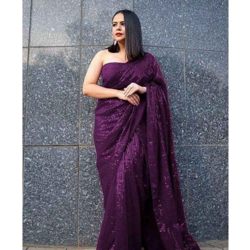 Women'S Georgette Embellished Sequnece Bollywood Saree With Un