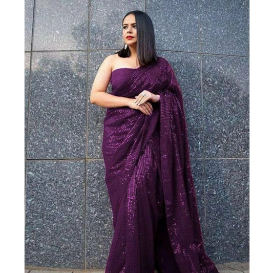 Women'S Georgette Embellished Sequnece Bollywood Saree With Un