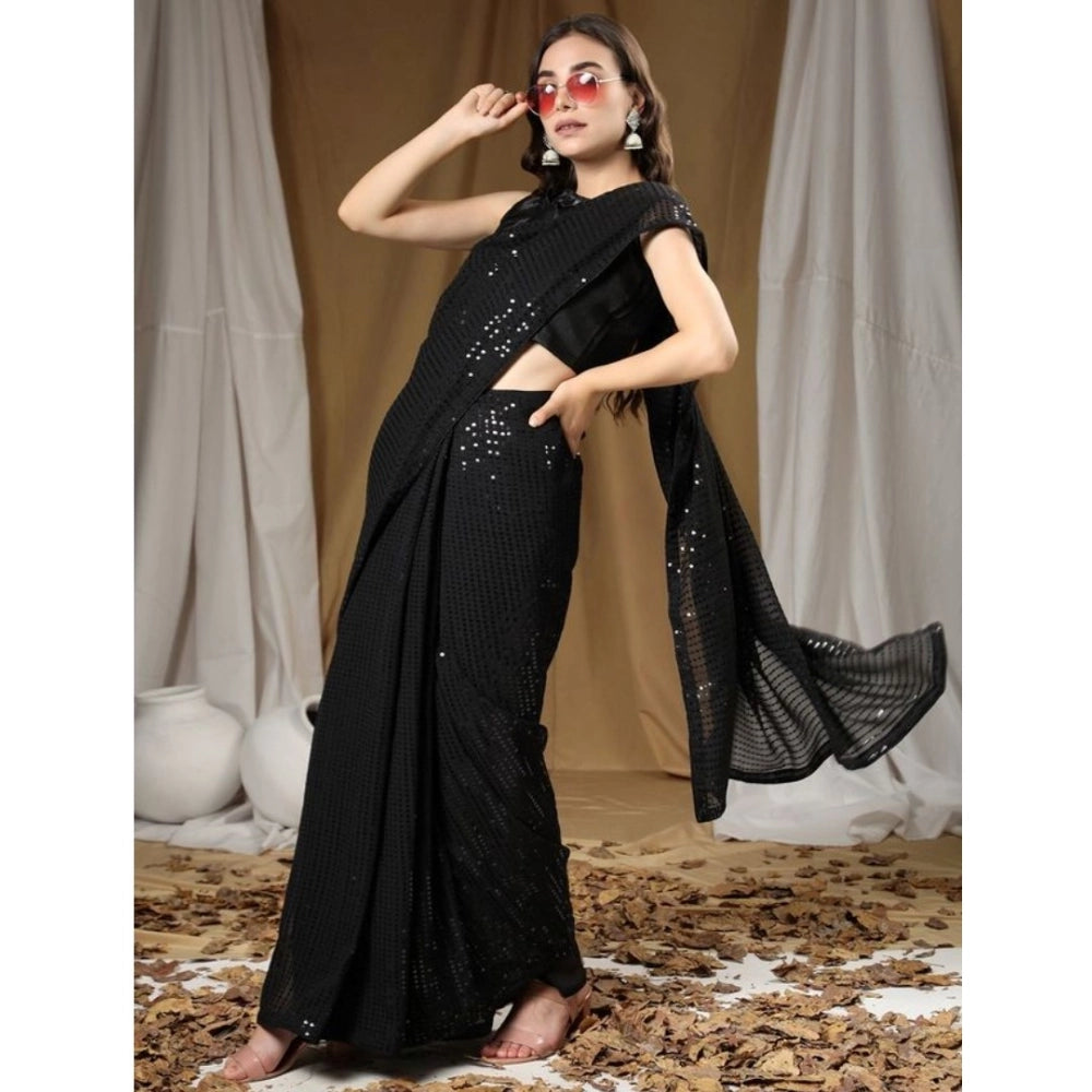 Women'S Georgette Embellished Sequnece Bollywood Saree With Un