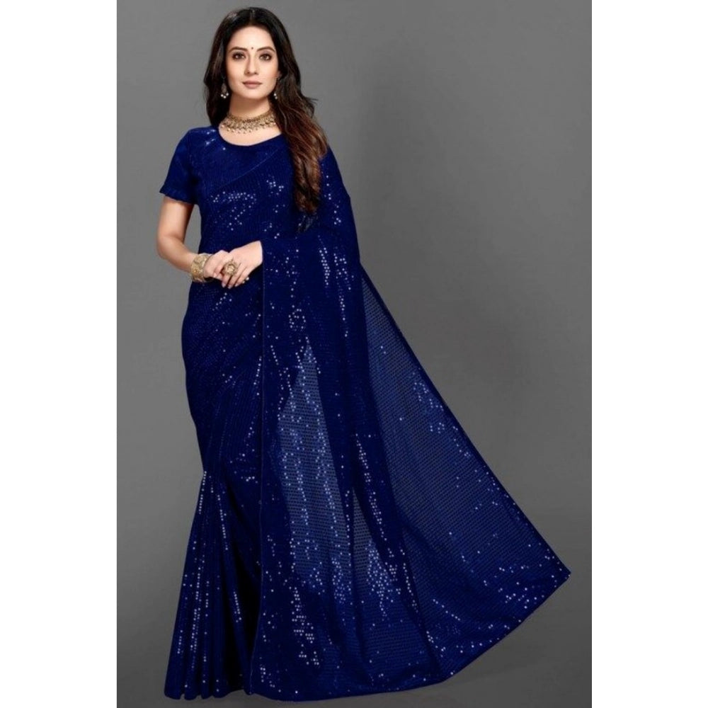 Women's Georgette Embellished Sequnece Bollywood Saree With Unstitched Blouse 5.5Mtr (Blue) - VANSHELLE