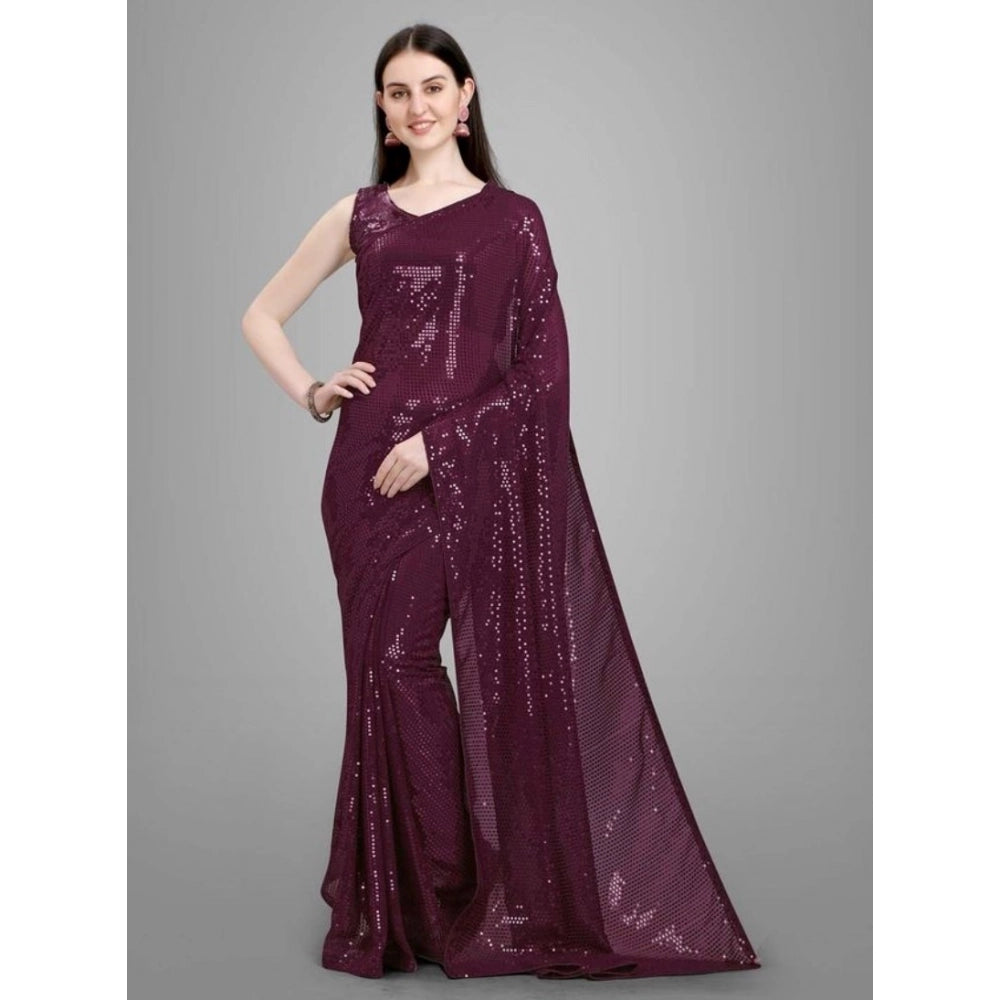 Women's Georgette Embellished Sequnece Bollywood Saree With Unstitched Blouse 5.5Mtr (Purple) - VANSHELLE
