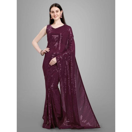 Women's Georgette Embellished Sequnece Bollywood Saree With Unstitched Blouse 5.5Mtr (Purple) - VANSHELLE