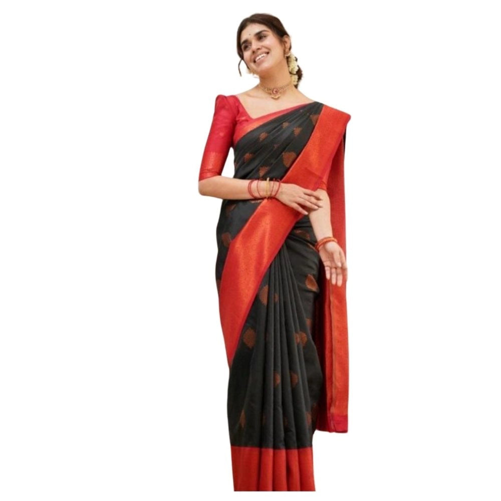 Women's Silk Printed Saree With Unstitched Blouse 5.5Mtr (Black) - VANSHELLE