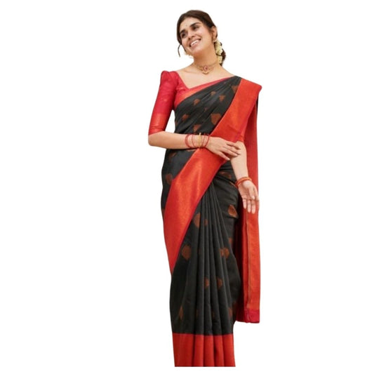 Women's Silk Printed Saree With Unstitched Blouse 5.5Mtr (Black) - VANSHELLE