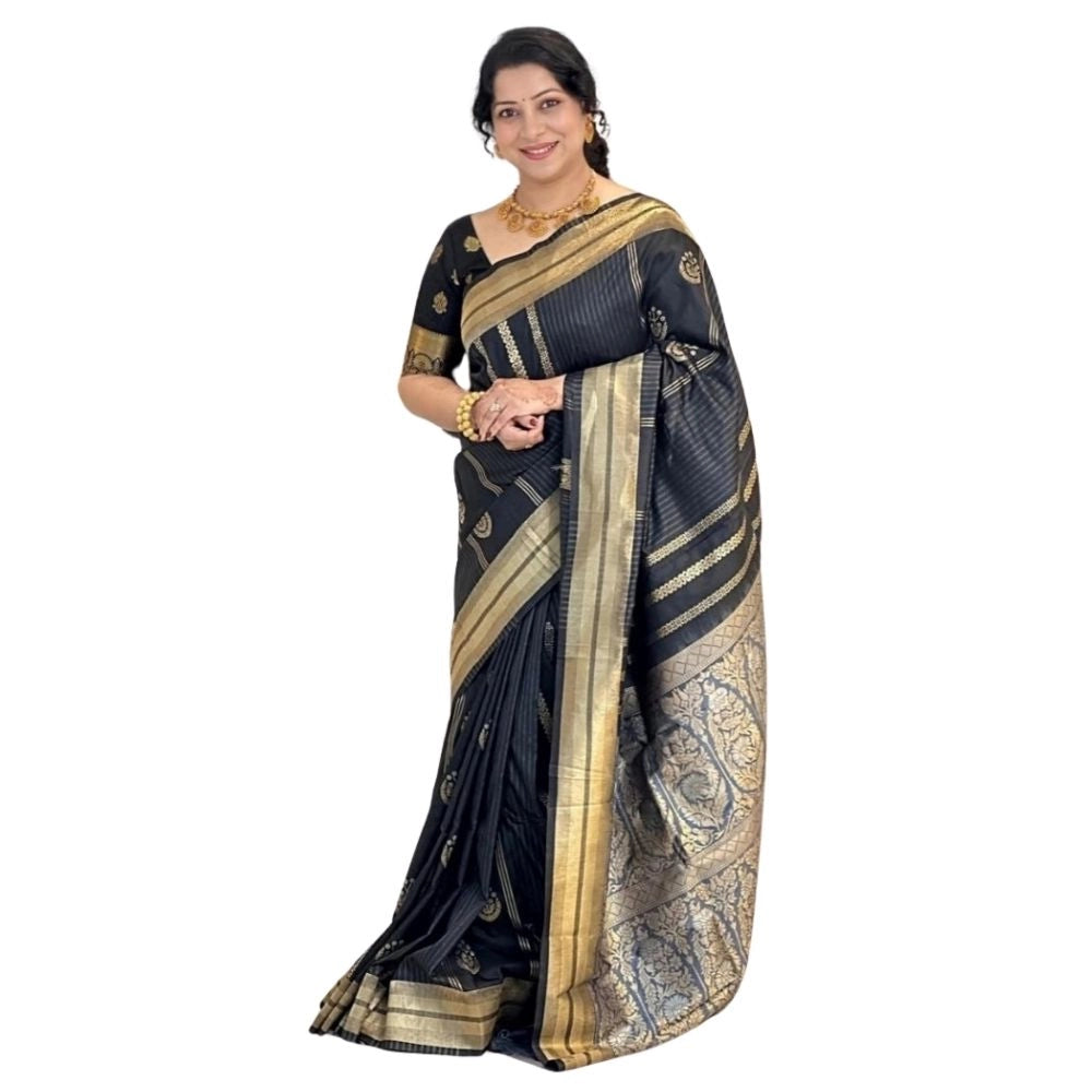 Women's Silk Printed Saree With Unstitched Blouse 5.5Mtr (Black) - VANSHELLE