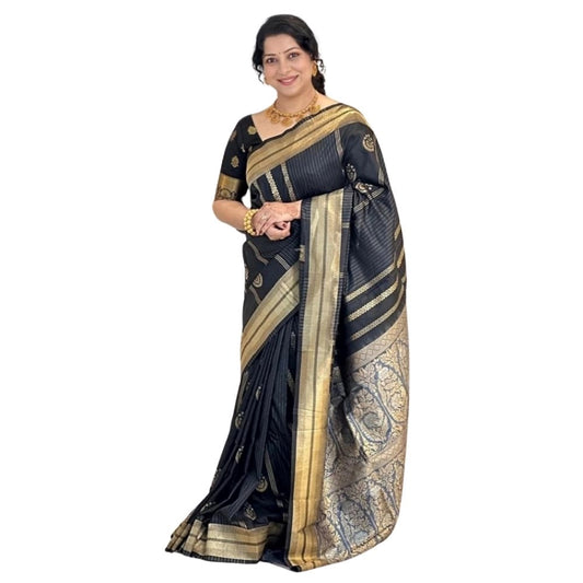 Women's Silk Printed Saree With Unstitched Blouse 5.5Mtr (Black) - VANSHELLE