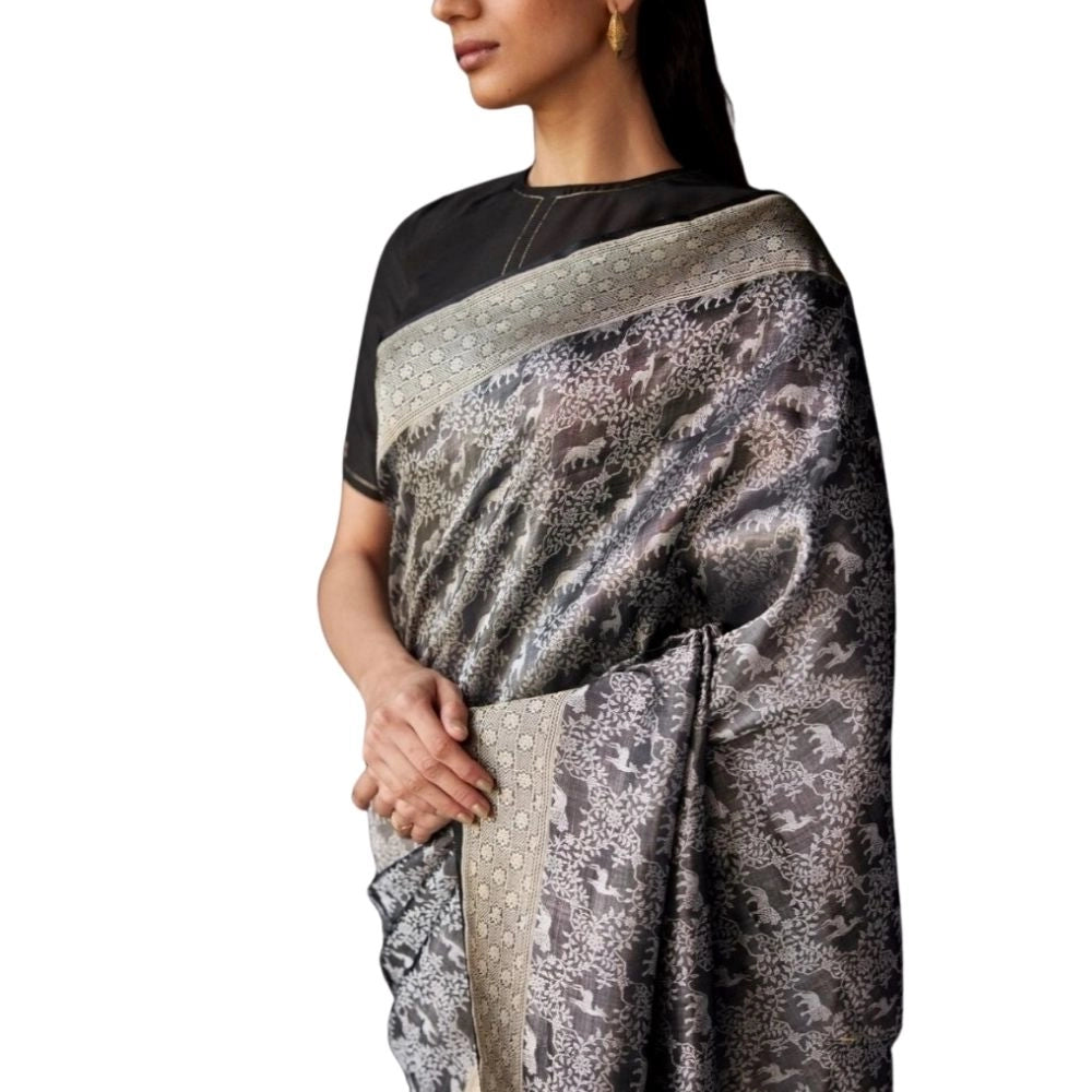 Women'S Silk Printed Saree With Unstitched Blouse 5.5Mtr (Grey