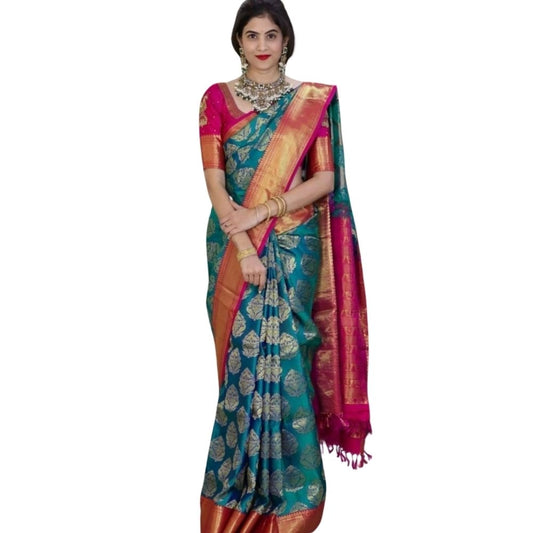 Women's Silk Printed Saree With Unstitched Blouse 5.5Mtr (Teal Blue) - VANSHELLE
