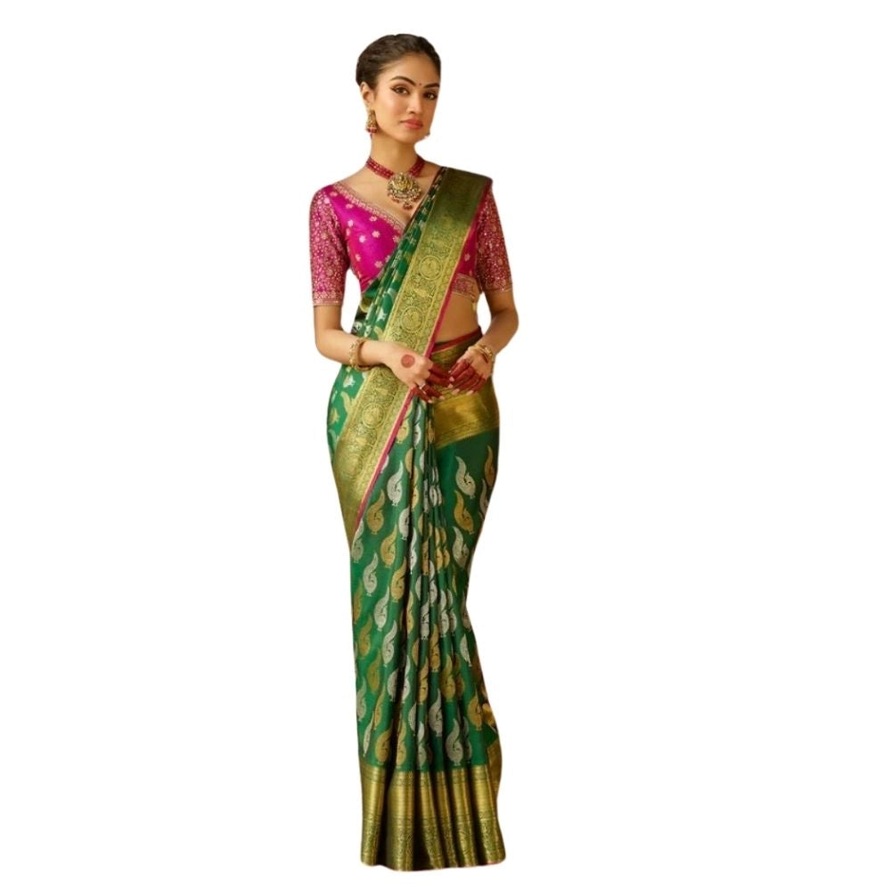 Women's Silk Printed Saree With Unstitched Blouse 5.5Mtr (Green) - VANSHELLE