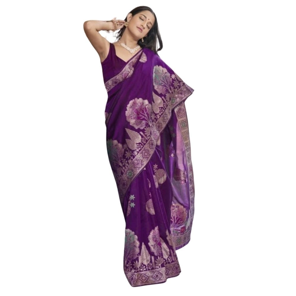 Women's Silk Printed Saree With Unstitched Blouse 5.5Mtr (Purple) - VANSHELLE