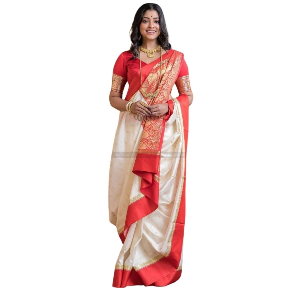 Women's Silk Printed Saree With Unstitched Blouse 5.5Mtr (White-Red) - VANSHELLE