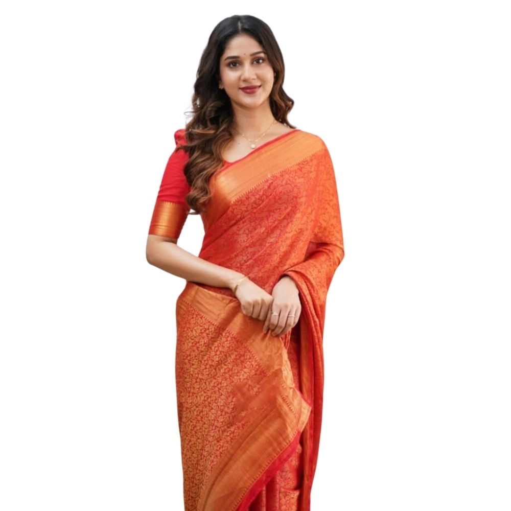 Women's Silk Printed Saree With Unstitched Blouse 5.5Mtr (Orange) - VANSHELLE