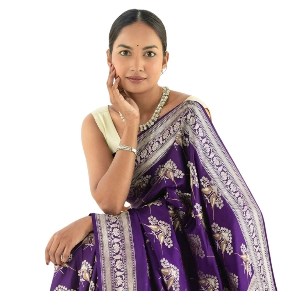 Women's Silk Printed Saree With Unstitched Blouse 5.5Mtr (Purple) - VANSHELLE