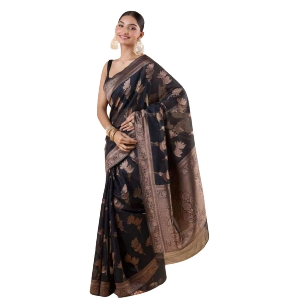 Women's Silk Printed Saree With Unstitched Blouse 5.5Mtr (Black) - VANSHELLE