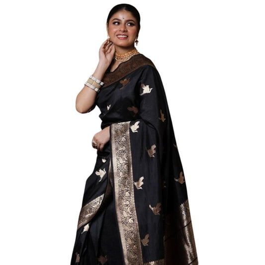 Women's Silk Printed Saree With Unstitched Blouse 5.5Mtr (Black) - VANSHELLE