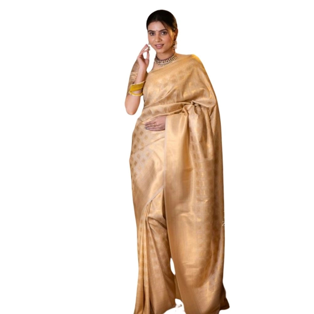 Women's Silk Printed Saree With Unstitched Blouse 5.5Mtr (Cream) - VANSHELLE