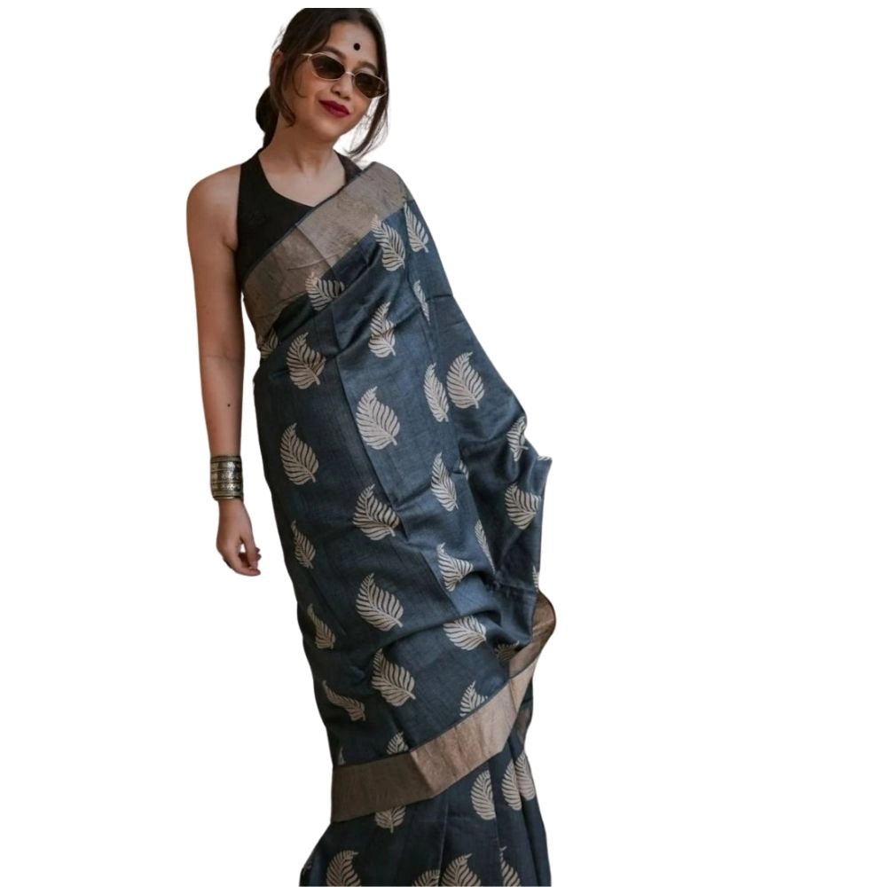 Women's Silk Printed Saree With Unstitched Blouse 5.5Mtr (Black) - VANSHELLE