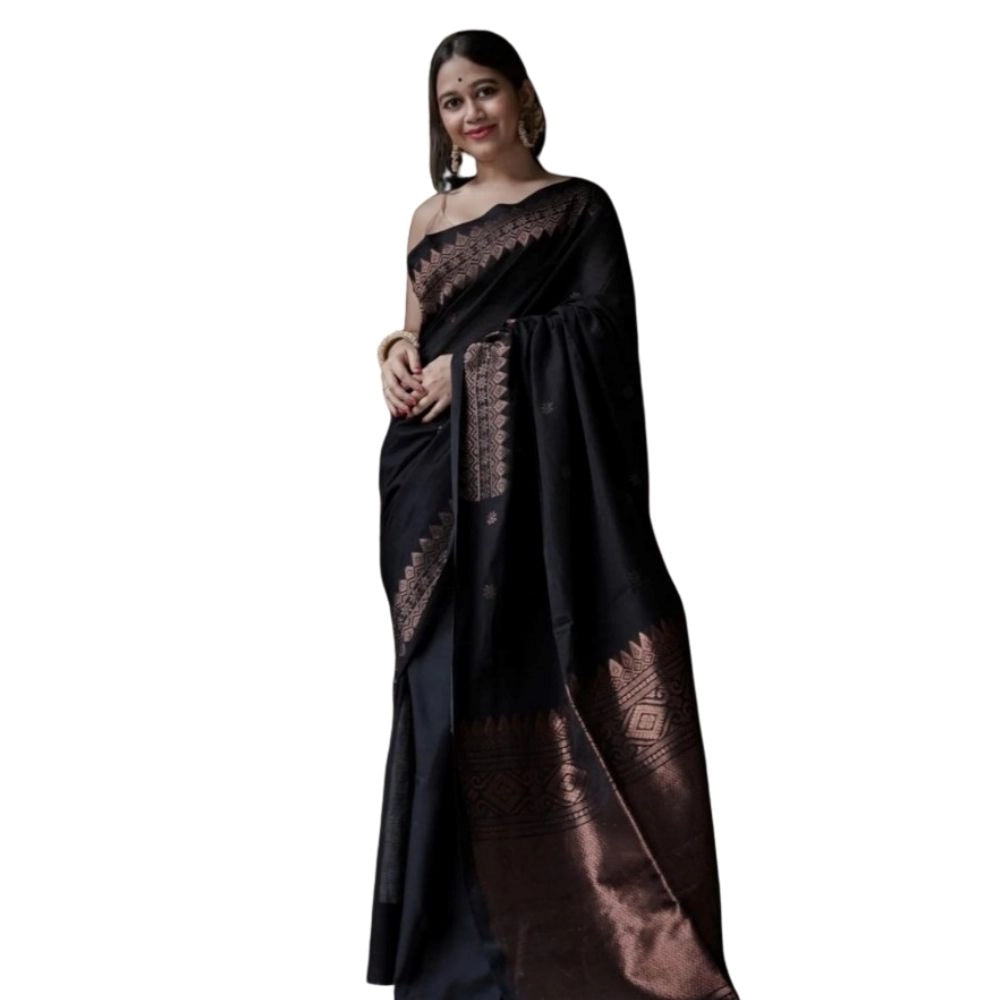 Women's Silk Printed Saree With Unstitched Blouse 5.5Mtr (Black) - VANSHELLE